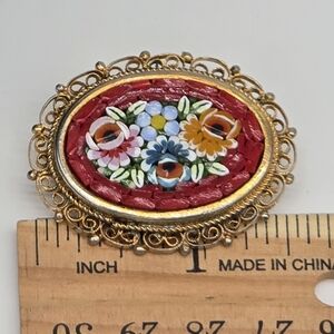 Vintage Floral Micro-Mosaic Oval Brooch - Red Background